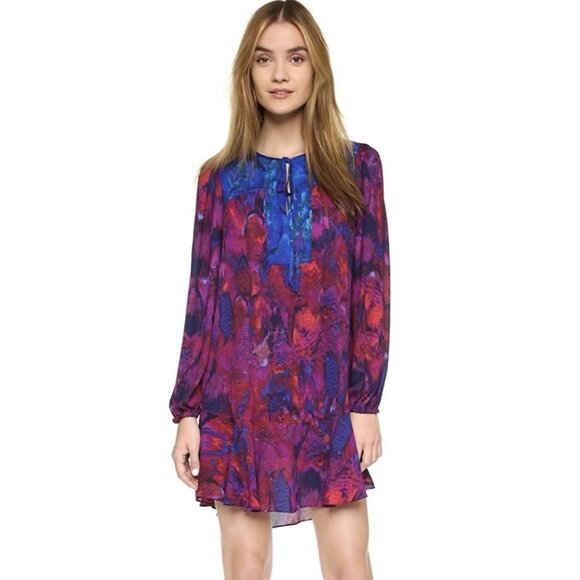 BCBGMaxazria Kena Shift Dress Sz M Flowy Chiffon Ruffle Hem Plum Berry Keyhole - Picture 6 of 15